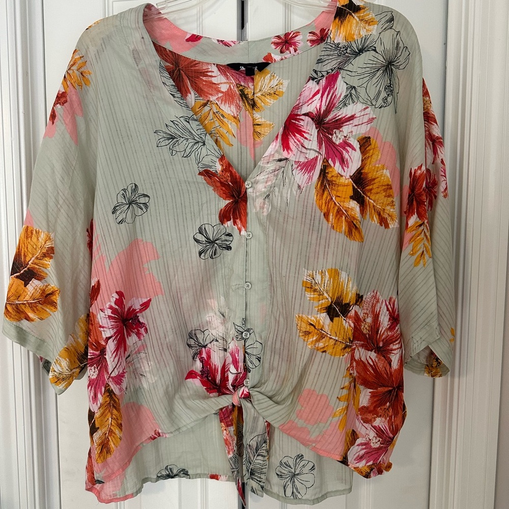 EXPRESS Floral Tie-Front Button V-Neck Women's Top